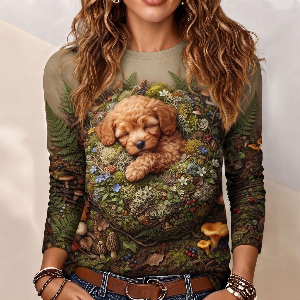 Autumn and Winter Women's Puppy 3D Printed Crew Neck Long Sleeve T-Shirt