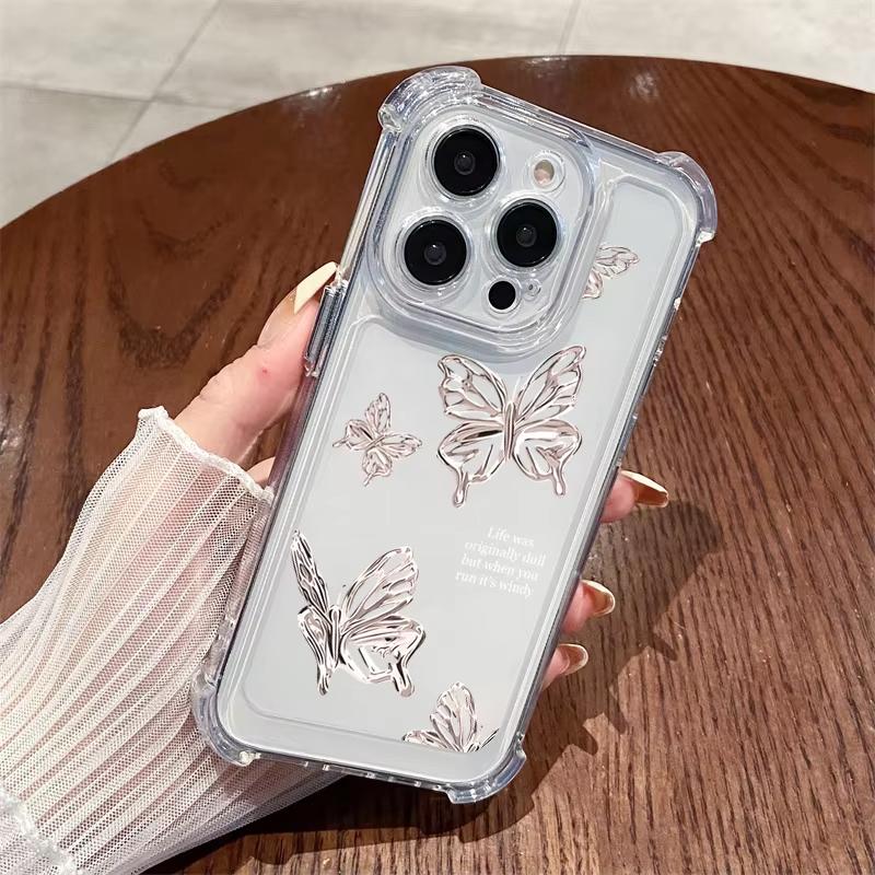 Silver Butterfly Transparent Phone Case For iPhone 17 Pro Max 11 12 13 14 Plus 15 16 Pro 17 Air X XR XS Silicone Clear Cover