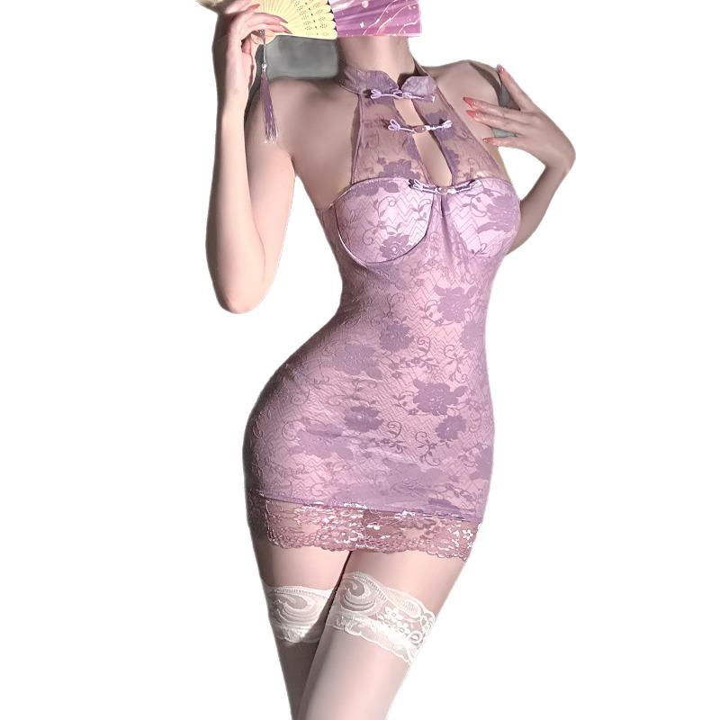 Erotic Lingerie New Neck Pan Lace Cheongsam Perspective Temptation Hip Skirt Sexy Pure Desire