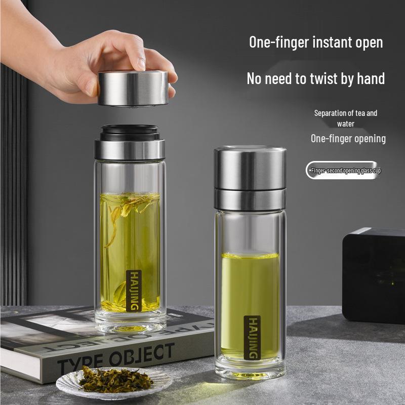 Portable Double-Layer Glass Tea Cup with One-Touch Lid – Unisex Business Gift