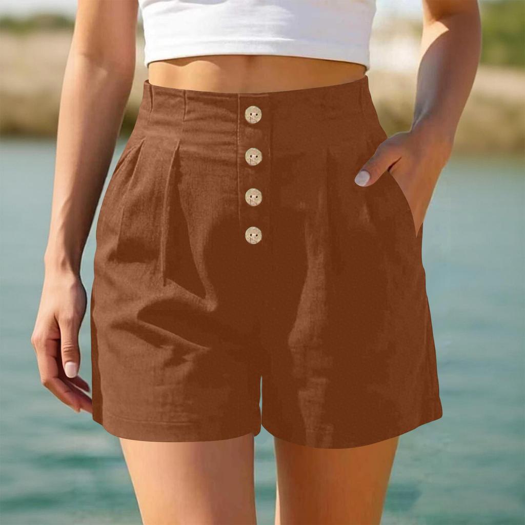 Women High Waist Casual Shorts Button Front Loose Fit Summer Beach Shorts with Pockets for Daily Wear and Relaxed Outings
