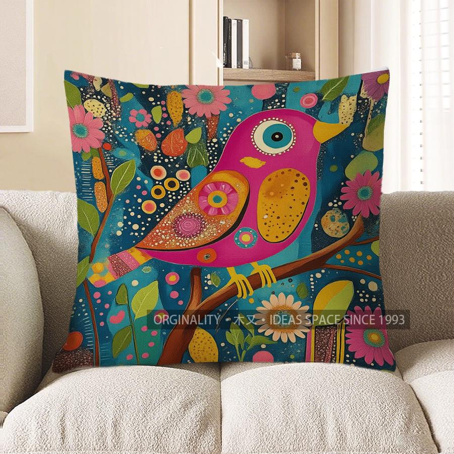 Home Decor Colorful Birds And Flowers Decorative Pattern Cushion Cover Suitable For Sofa Bedroom Car Pillow Cover