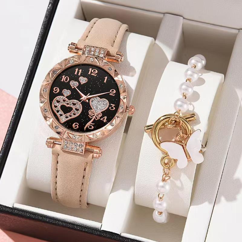 Elegant Crystal Heart Butterfly Bracelet & Leather Strap Quartz Watch with Pink Gemstone Set