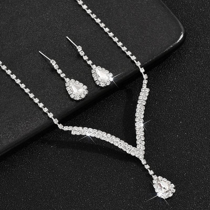 1Set Luxury Exquisite Rhinestone Bride Jewelry Set For Women Girls Fashion Simple Water Drop Earrings Necklace Bracelet Gifts