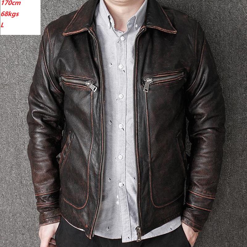 Klasický pánsky kabát z hovädzej kože Prírodná pánska bunda z pravej kože Vintage štýl Odevy z pravej kože Mužské oblečenie Oblečenie z lýtkovej kože