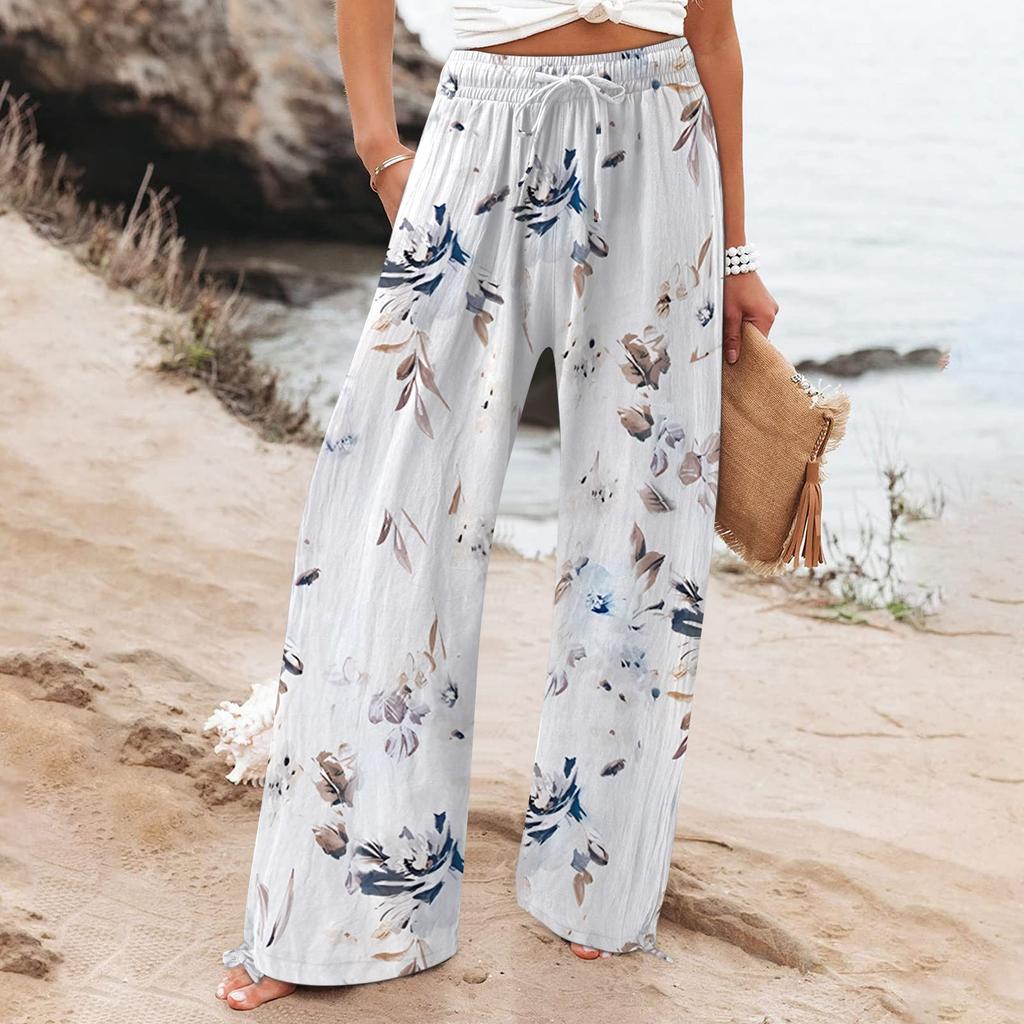 Women's  Casual Loose High Waist Cotton Linen Wide Leg Long Pants With Pockets