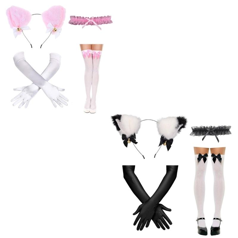 Catgirl Costume Accessories Cats Ear Headband Lace Collar Necklace Gloves and Knee High Sock for Women Girl Cosplay