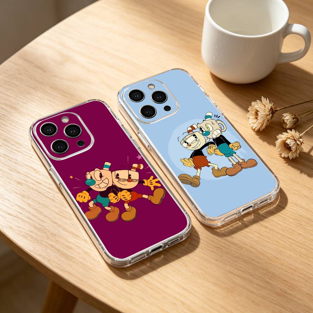 Cute CupHead And MugMan Phone Case For iPhone 17 16 15 14 13 12 11 Mini Pro Max Plus Transparent Cover
