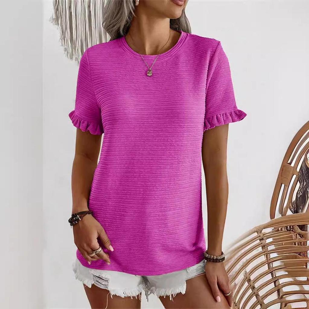 2024 European Summer Women's Ruffle Sleeve Round Neck T-shirt - Comfortable & Versatile Solid Color Top