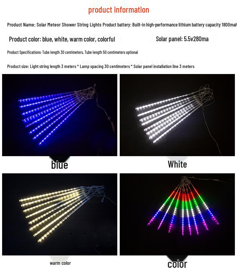 Colorful Solar LED Meteor Shower Patio Lights - Waterproof Outdoor Fairy String Lights