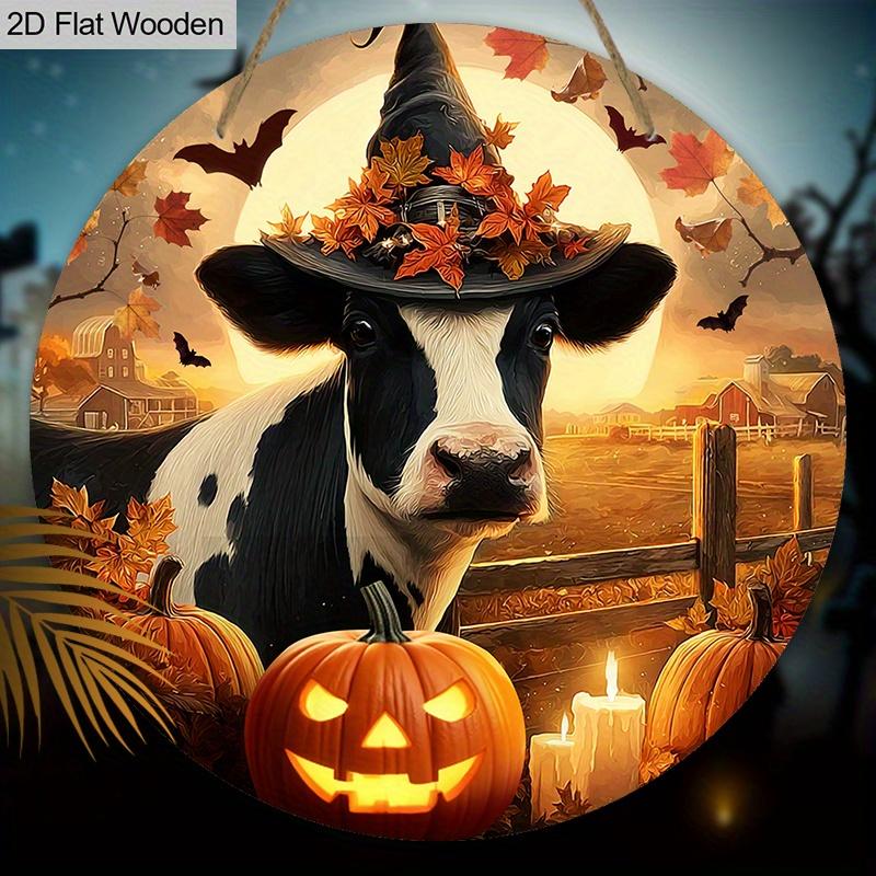 Wooden Halloween Sign with Cow & Pumpkin Pattern - Unique Figurine Ornaments - Ideal for Front Door, Farm, Porch Decor