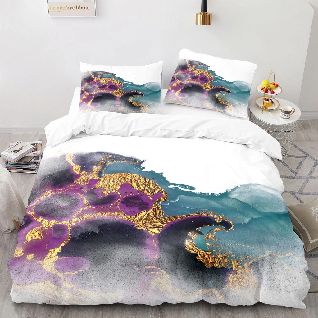 Modern Gold Blue Marble Soft Duvet Cover Women Kid Gift Gliter Abstract Marble Luxurious Ink Plus Wash Art Theme Bedrom Decorations