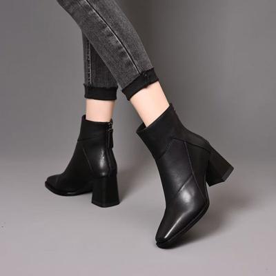 Comfortable Thick-heeled Short Boots, New High-heeled Bare Boots In Autumn and Winter, Velvet Square-headed Black Thin Martin Boots.