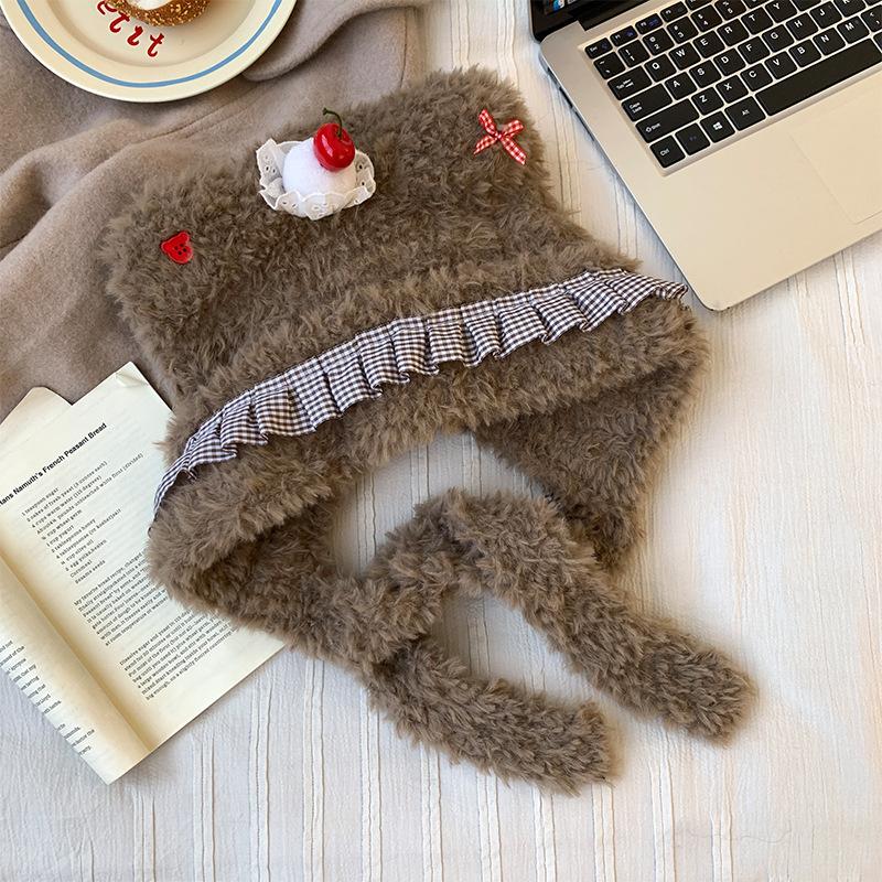 Cute Cherry Bear Plush Hat Women's Winter Thickened Warm Baotou Ear Protector Hairy Riding Lei Feng Hat