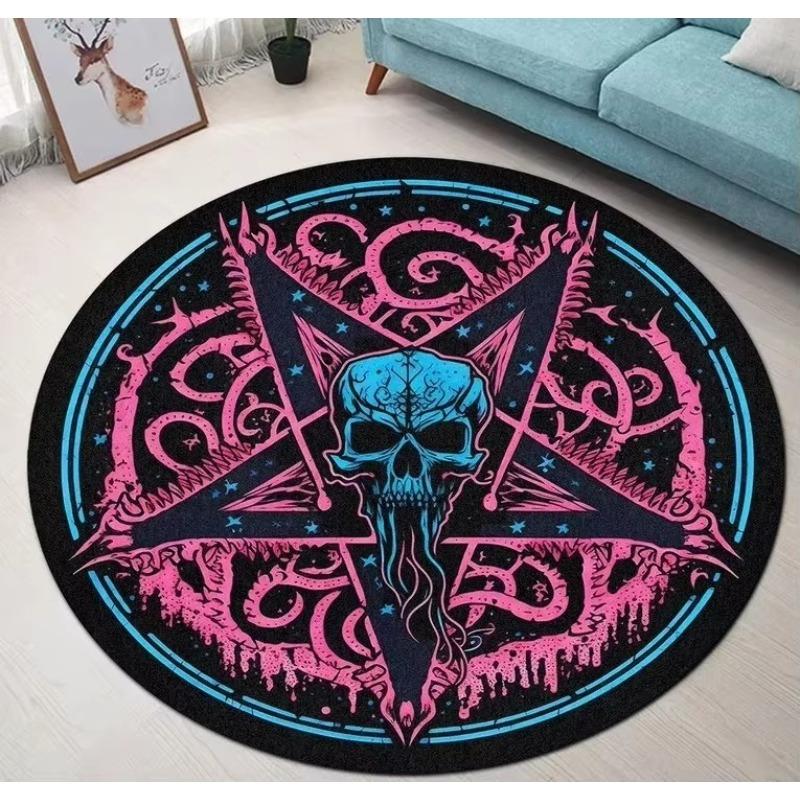 Pentacle Symbol Rug , Pentagram Patterned Round Carpet , Satan Devil's Trap , White on Black Supernatural Carpet