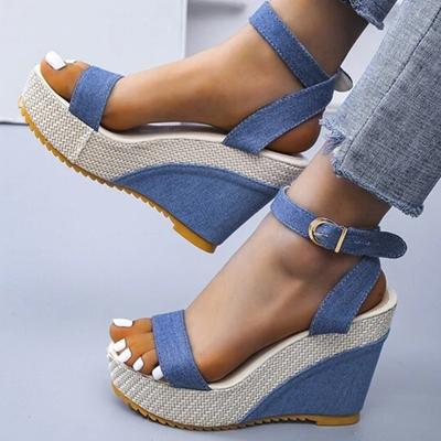 Fashion New Buckle Decor Denim Ankle Strap Wedge Sandals Summer Outdoor Platform Slides 2024 Thick Bottom Ladies Shoes Female Sandals