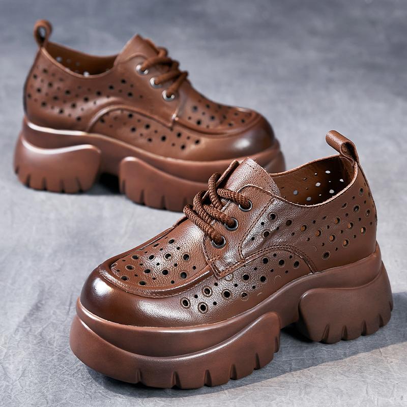 Mode GKTINOO Handgefertigt Retro 2025 Neu Frühling Sommer Damen Schuhe Dicke Sohle Echtes Leder Sandalen Ausgehöhlte Plateau Keilabsatz Sneaker