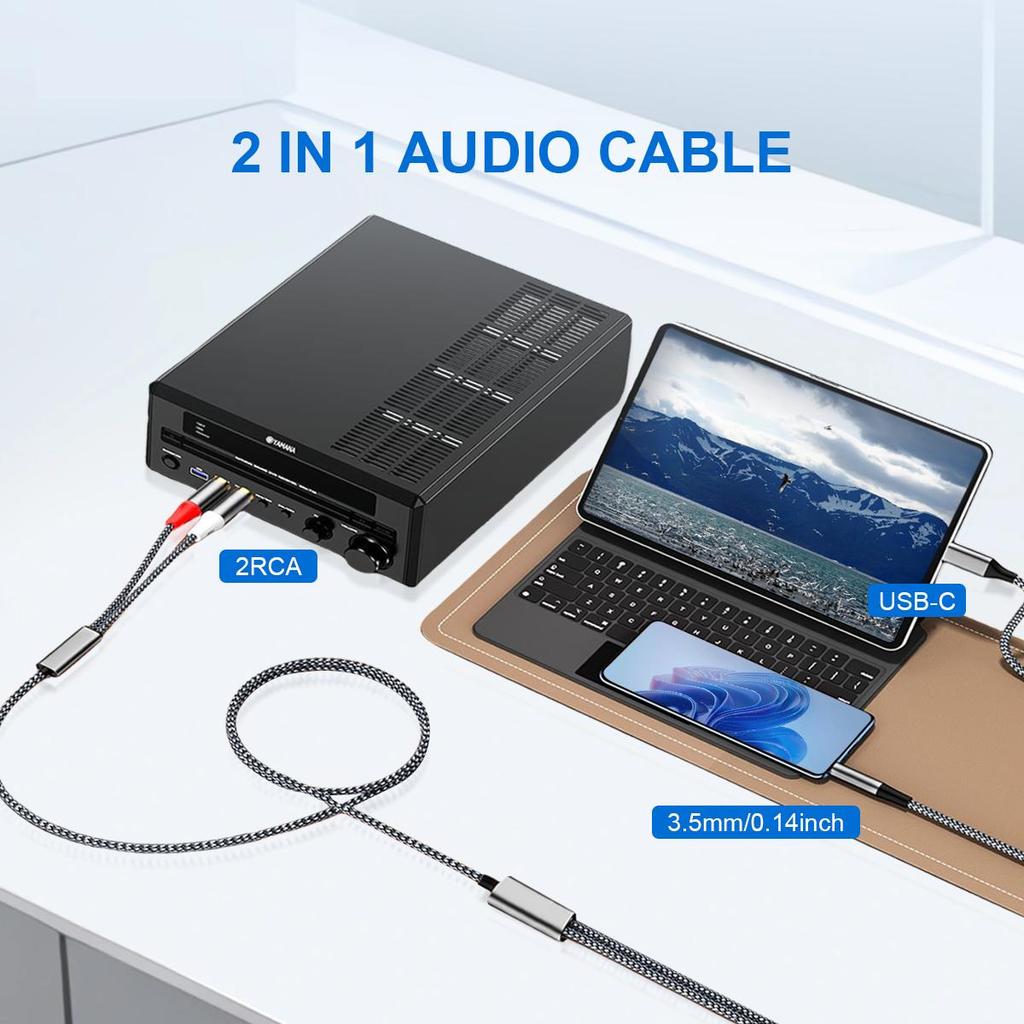 2 In 1 USB C To 2 RCA & 3.5mm Aux Audio Cable Adapter - HiFi Sound, Headphone Jack Compatible, Ideal for Power Amplifier/Car/Home Theate