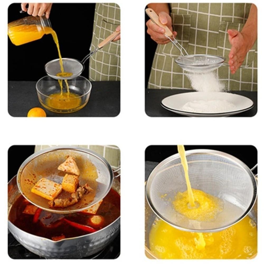 Fine Mesh Stainless Steel Strainer Wooden Handle Flour Filter Durable Oil Strainer