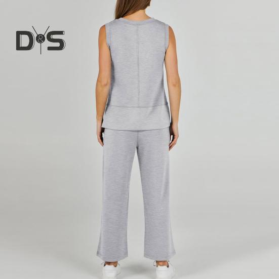 2-teiliges Oberteil- und Hosenset für Damen, einfarbig, Rundhalsausschnitt, ärmellos, Seitenschlitz, lockere Weste, weites Bein, Seitentaschen, Hose für den Alltag, Pendeln, Urlaubsoutfit