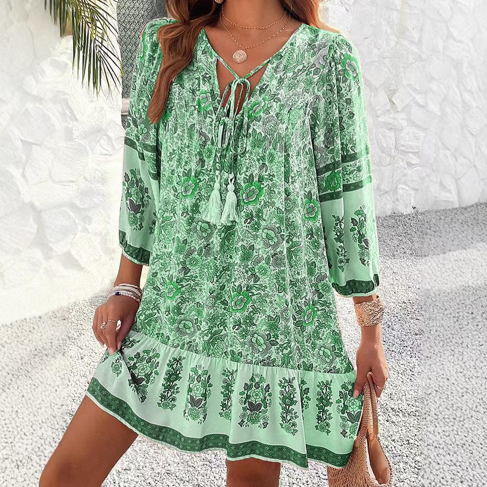 Abito Chemisier Stampato Scollo a V Bohemian Primavera/Estate 2025 per Donna