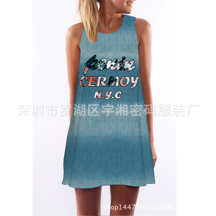 European and American Hot-selling New Digital Printing Round Neck Big Pendulum Loose Off-the-shoulder Medium and Long Vest Sleeveless Dress