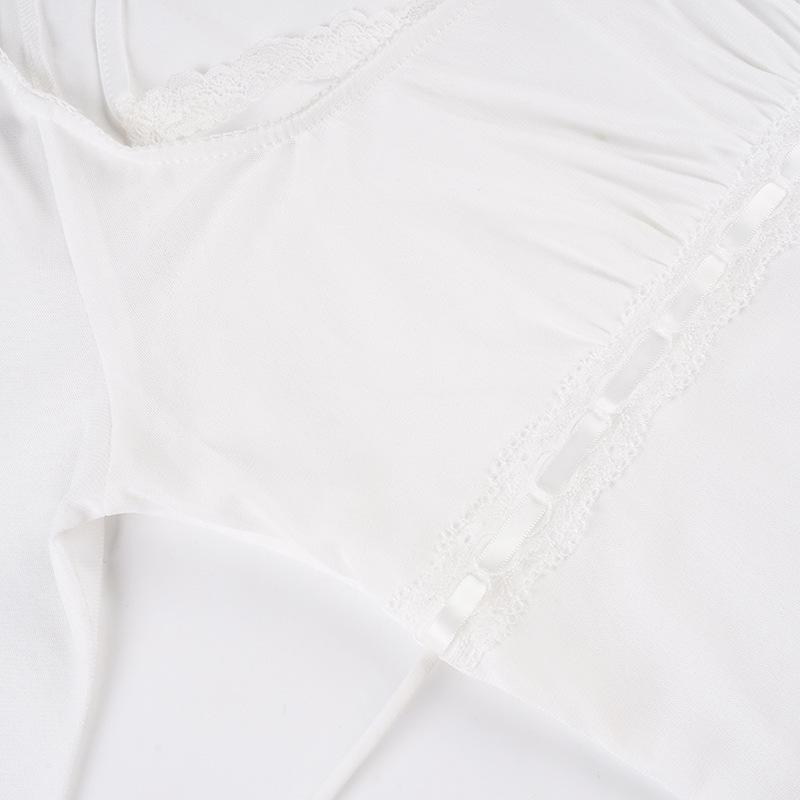 Spicy Girl Mesh Patchwork White Two-Piece Style Ruffle Trim Sheer Long Sleeve Top