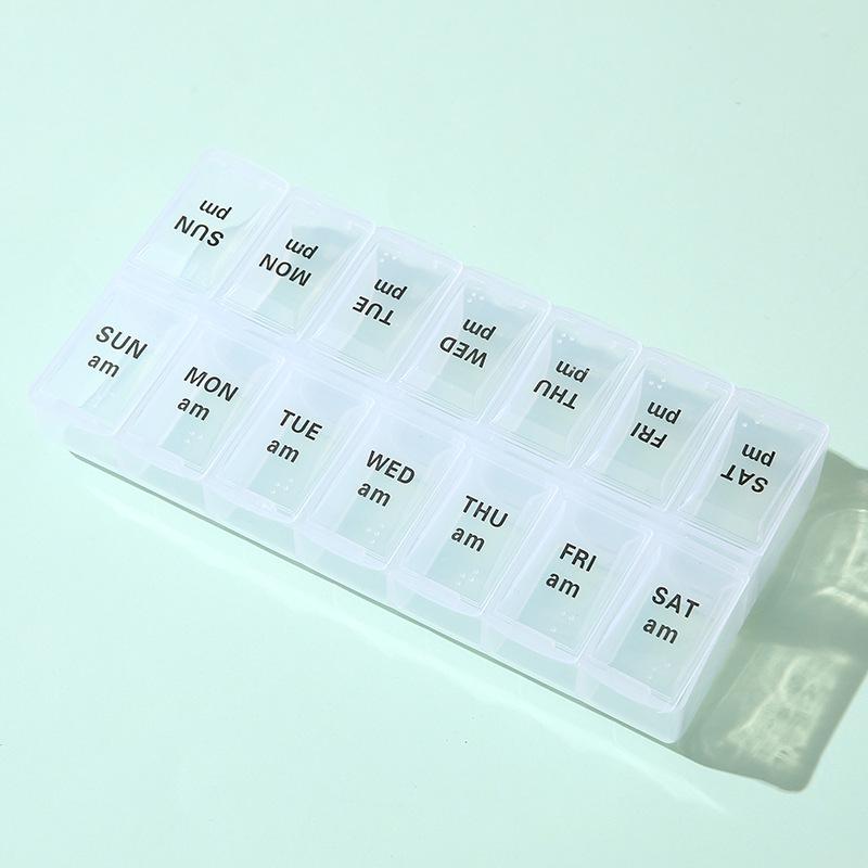 Pilulier à double rangée à 14 compartiments avec braille pour la gestion hebdomadaire des médicaments matin/soir