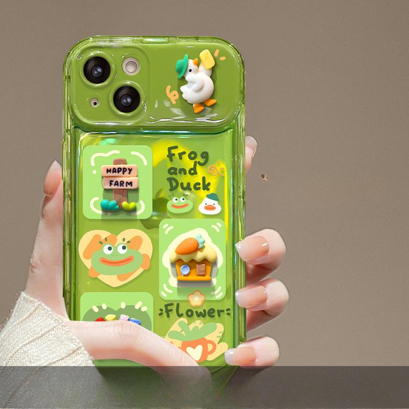 Applicable To Apple 15 Mobile Phone Case Iphone14/13 Cute Funny Frog Doll Pendant 12/11 Flip Mirror