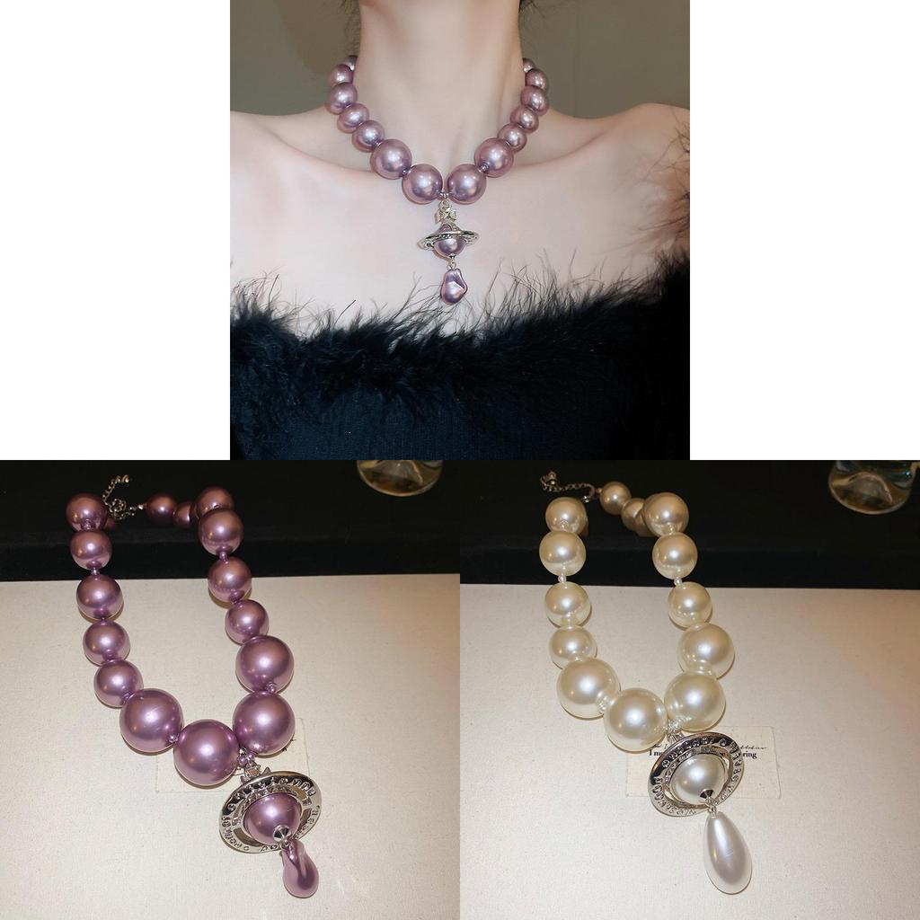 Saturn Pendant Necklace With Faux Pearl Chain For Elegant Women