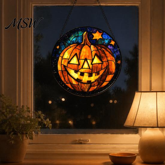 Sunproof Courtyard Decorations Halloween Stained Glass Suncatcher Ornament, Vintage Hanging Window Decor with Pumpkin Ghost Bat Witch Retro Dark Style