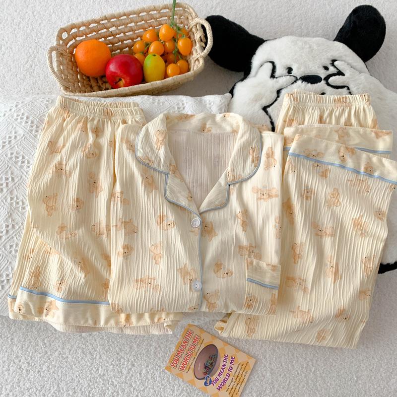 Keks Cartoon Pyjama Damen Sommer Knitterstoff Kurzarm Niedlicher Welpe Loungewear Dreiteiliges Set