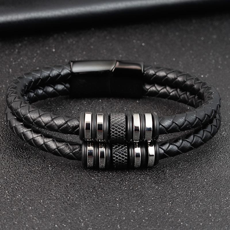 Stainless Steel Accessories Multi-layer Hip Hop Rock Style Black Color Men's Leather Bracelet New Year Gift