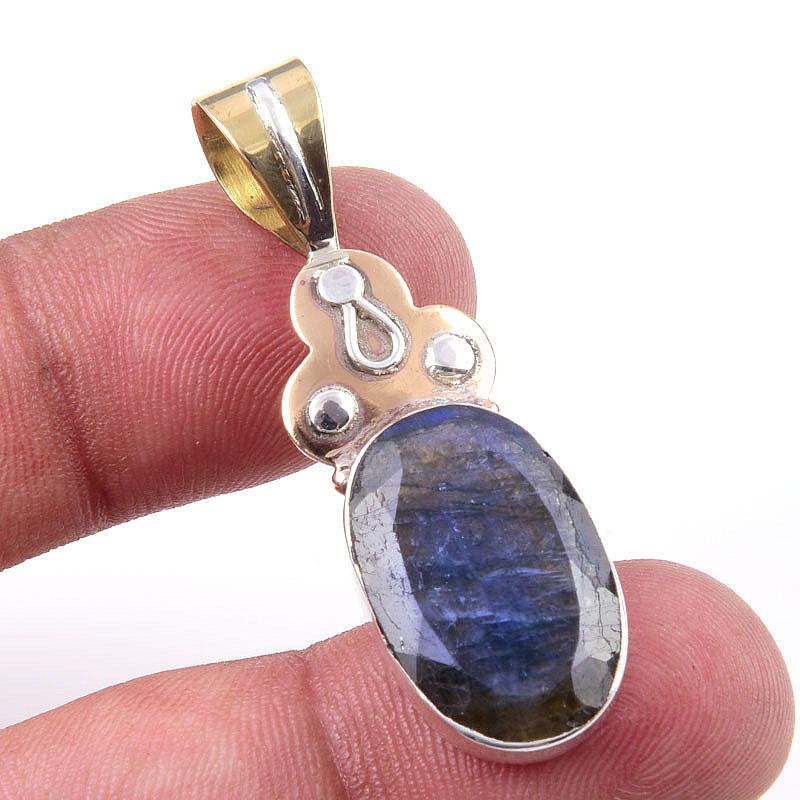 

Natural Labradorite 925 Solid Sterling Silver Jewelry TwoTone Pendant 1.75 M1R88