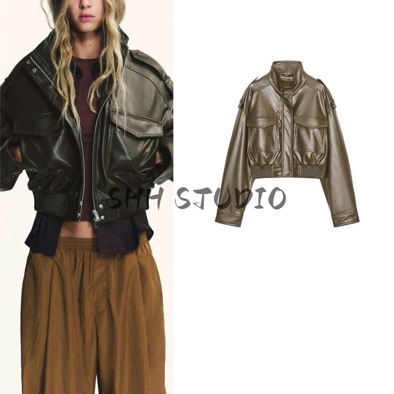 Fall New Women's Clothing French Style Locomotive Style Glossy Poly Urethane Leather Stand Collar Long Sleeves Short Outwear 4749701