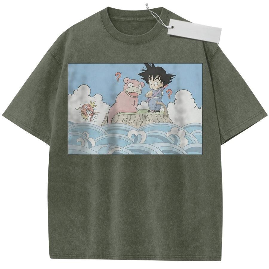 Unisex Washed Beige Vintage Tshirt Dragon Ball Goku Slowpoke Beach Highquality Fabric for Home Leisure Travel Shopping