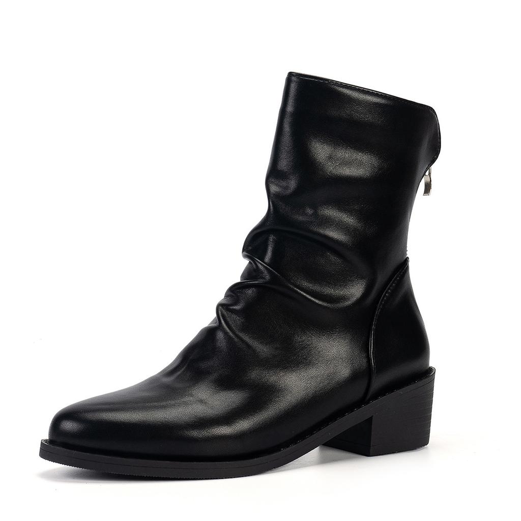 European And American Pleated Ankle Boots  Autumn New Item Solid Color Back Zipper Short Leg Women'S Boots Big Size Platform