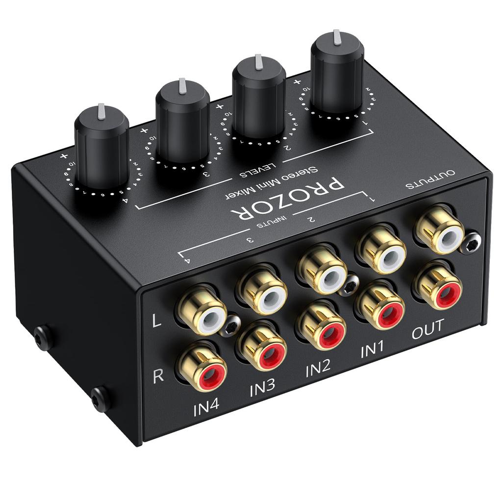 PROZOR Stereo Audio Mixer 4 Channel RCA Interface 4 Input 1 Output Mini Stereo Sound Mixer Passive Stereo Mixer Metal Shell Japanese Instruction