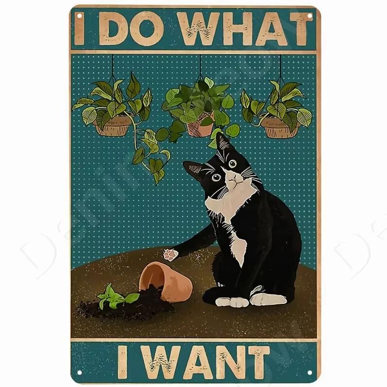 Katter och Vin Gör Mig Lycklig Retro Plåttavla Tuxedo-katt Metallskylt Golfande Katt Plakett Affisch Hem Café Bar Badrum Väggdekor