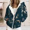 Women Plus Size Black Floral Print Zip Up Long Sleeve Drawstring Hoodie With Pockets