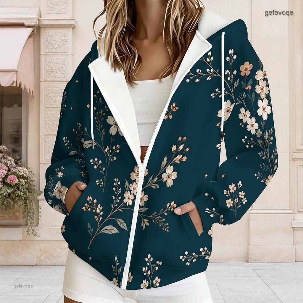 Women Plus Size Black Floral Print Zip Up Long Sleeve Drawstring Hoodie With Pockets