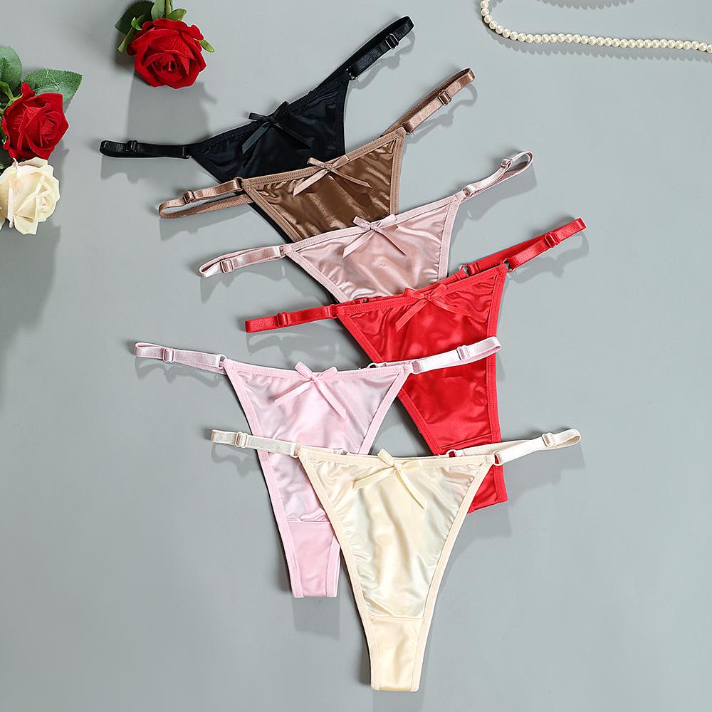 Women's Thong Adjustable Waistband Glossy Satin Solid Color Underwear Low Waist Smooth Silk Bowknot Female Underpants