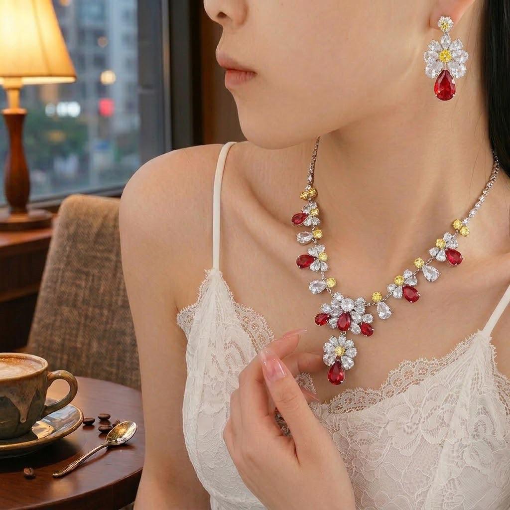 European and American Style Colorful Zircon Plum Blossom Necklace and Earrings Set