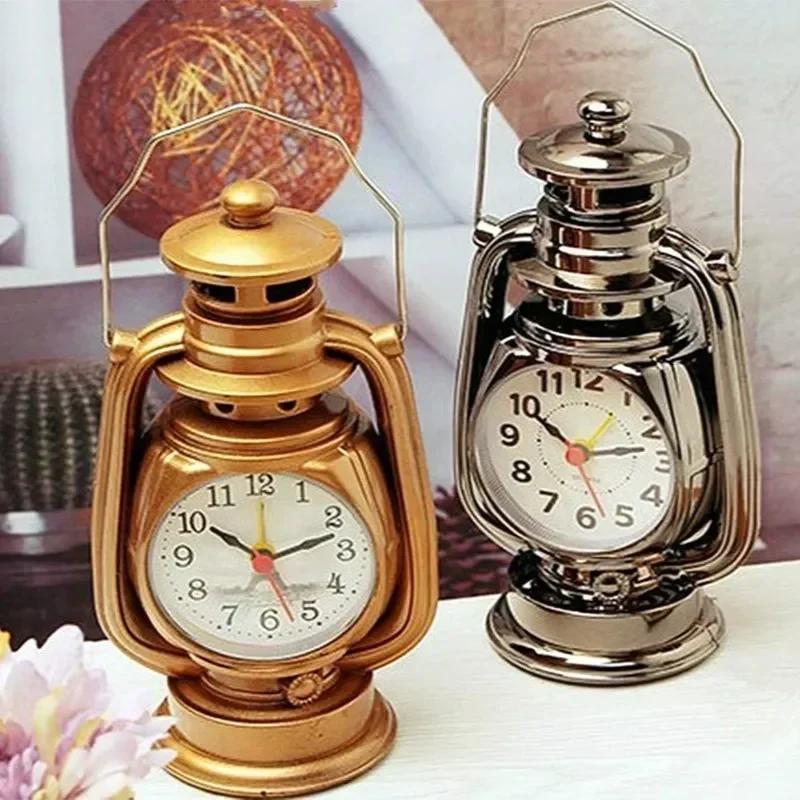 2026 New Vintage Oil Lamp Alarm Clock Retro Kerosene Light Table Clock Living Room Office Decor Craft Ornament Home Supplies