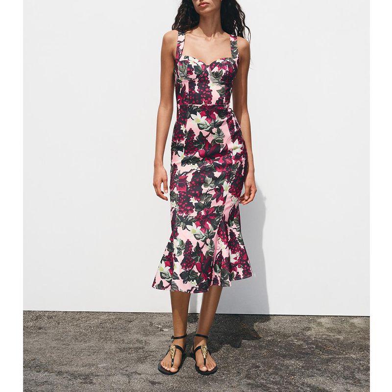 Spring and Summer New Women's Clothing Heart-Shaped Collar Wide Shoulder Strap Wavy Style Wide Swing Flower Print Dress 0085128