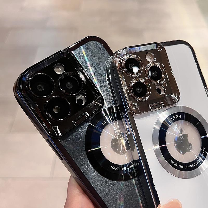 Luxury Plating Bumper Magsafe Magnetic Holder Phone Case For iPhone 15 14 13 12 Color Lens Stand Protector Cover On 14