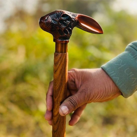 Handcrafted Wooden Walking Cane Rabbit Head Stick, Foldable Hardwood Cane