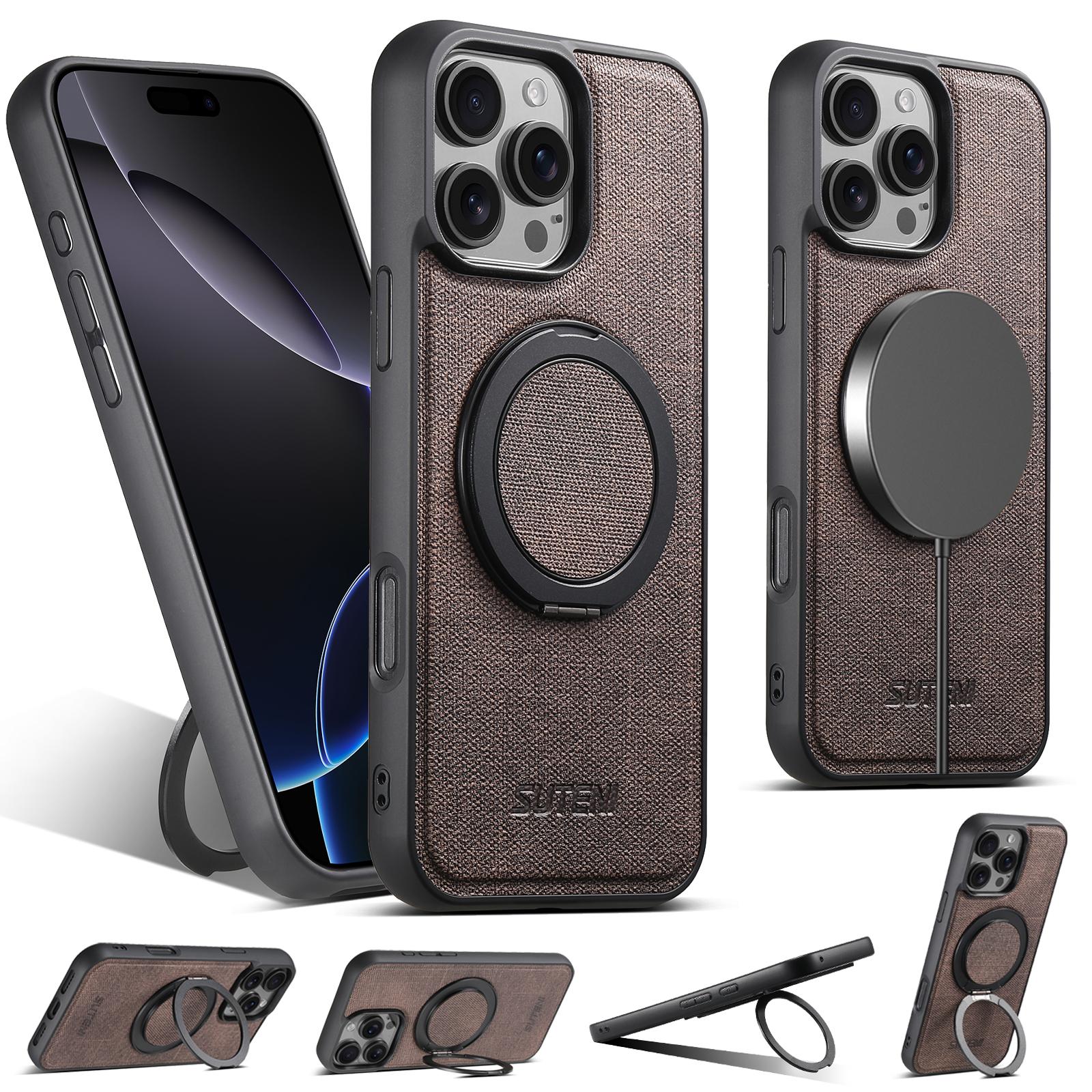 

SUTENI G3 For iPhone 16 Pro Magnetic Case Rotating Ring Kickstand Jeans Texture PU TPU Phone Back Cover B