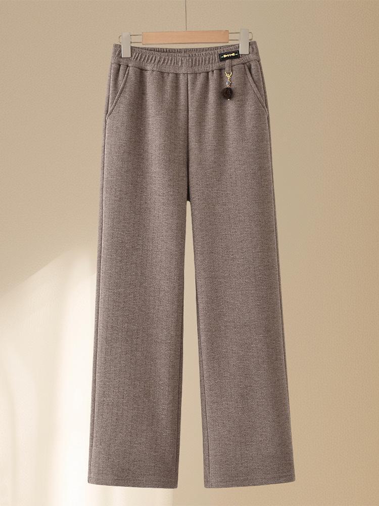 Mid-aged and Elderly Women's Fleece-Lined Straight Leg Pants - Elastic Waist, Autumn/Winter Casual Wear
