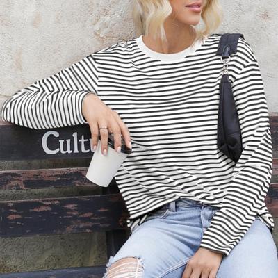 Women’s Stripes Print Tops Long Sleeve Round Neck Loose Fit Basic T Shirts Spring Fall Casual Pullover  Clothes